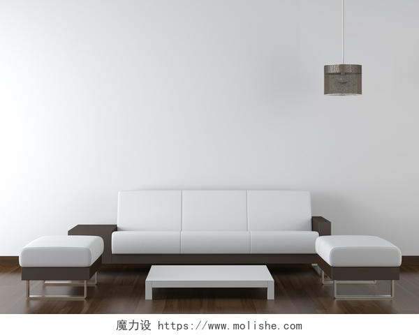现代简约风格的客厅室内设计现代白色家具白墙上